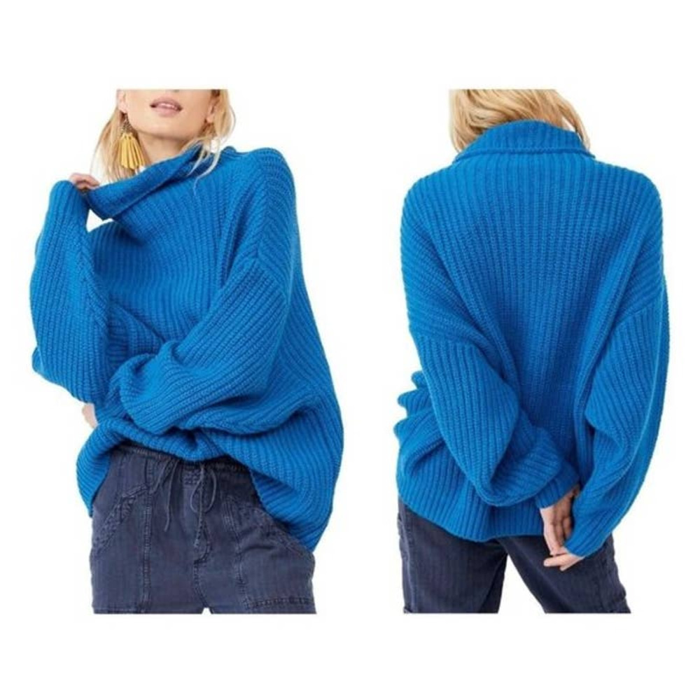 Free People Swim Too Deep Turtleneck Sweater in Mykonos Blue Size Medium NWT